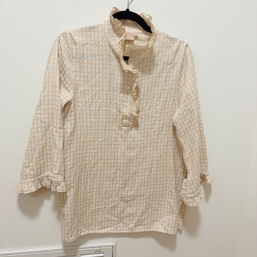 Rungolee Jacqueline Ruffle Neck Tunic Top Womens Tan Small Cotton 3/4 Sleeve